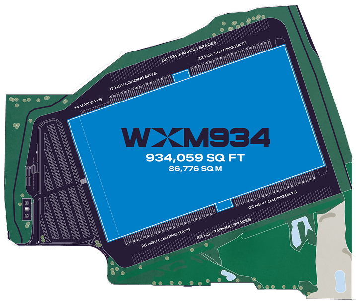 Site plan showing unit WXM934 with footprint and surrounding loading and parking areas